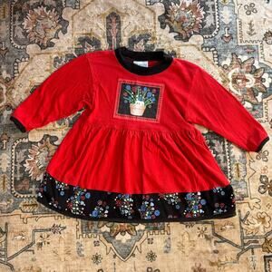 Vintage 90s Little Girls Dress Red Spring Flower Pot Kitty Cat Toddler 2T Dress